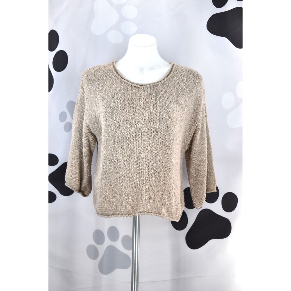 Free People 3/4 Sleeve Scoop Neck Textured Cropped Boho Sweater Tan Size Small